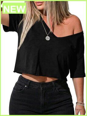 Off Shoulder Crop Top Deep V Neck Loose Fit Summer Basic Tee